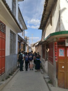 Backs of Country Dancers traveling through narrow street with houses on either side
